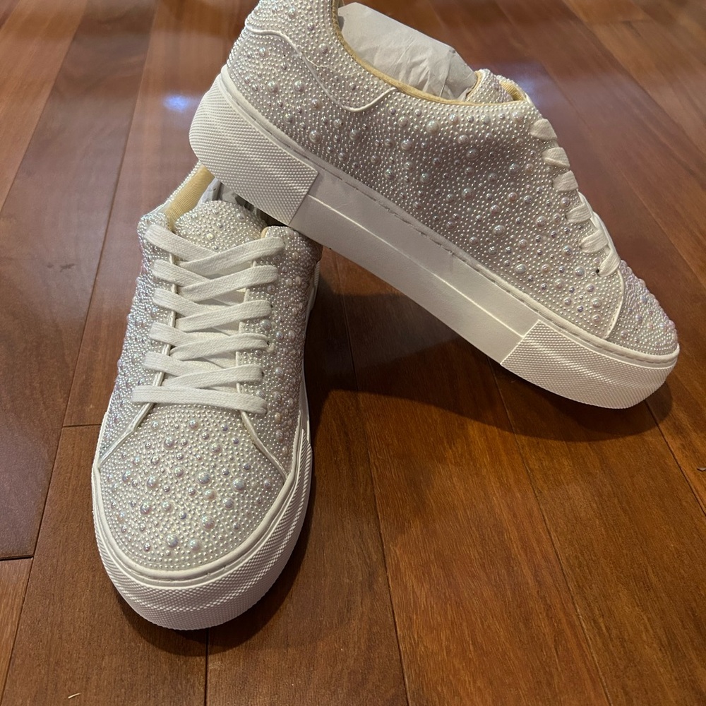 Betsey Johnson Sidny Lace-Up Rhinestone and faux pearl Platform Sneakers NWT